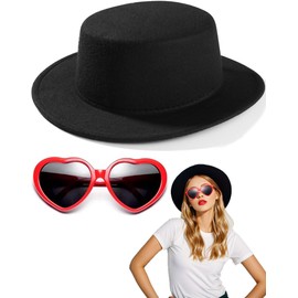BRTGWVL Black Fedora Hats Red Heart Sunglasses Costume for Kids, Fashion Flat Wide Brim Round Hats(Suitable for Kids)