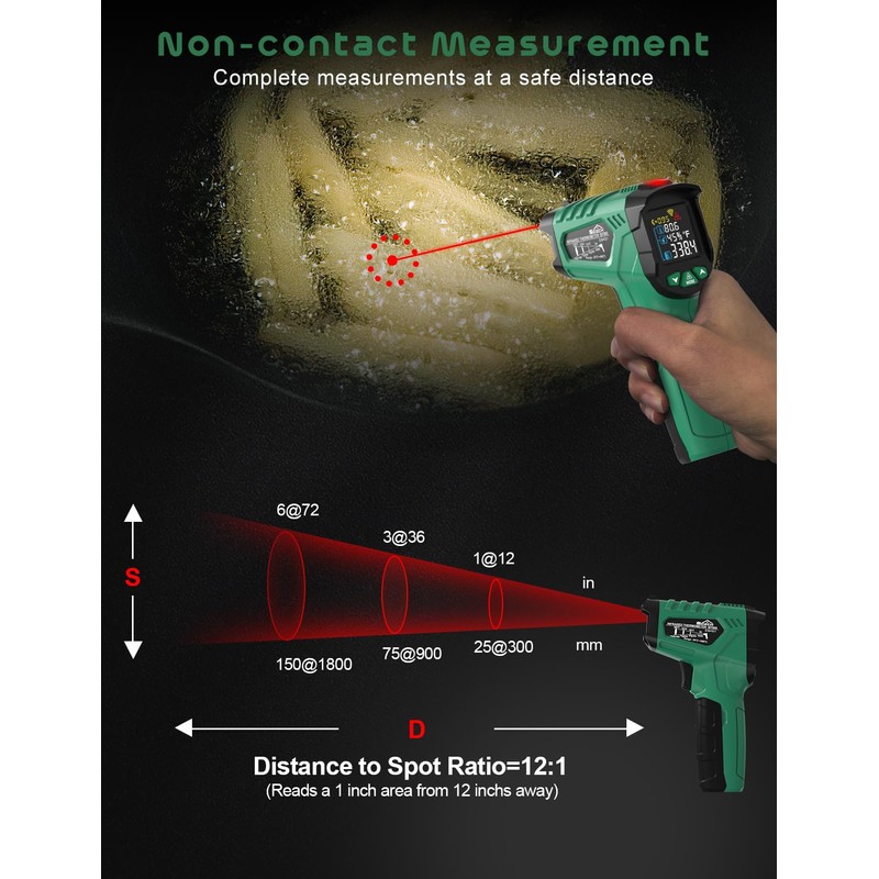 Infrared Thermometer, SQECH Laser Thermometer -50℃~800℃(-58℉~1472℉), with Ambient Temperature/Humidity/Adjustable Emission/Coloured