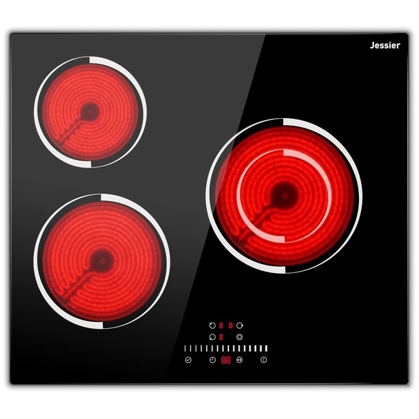 Jessier Ceramic Hob 3 Burner 5200W Electric Hob with 9 Power Levels Adjustment - Pause Function, Timer, Touch Control, Child Safety Lock Black