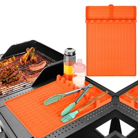 Silicone Grill Mat Side Shelf Mat for Blackstone Grill Pad for Outdoor Grill Kitchen Counter Large Silicone Spatula Mat with Drip Pad, Grill Utensils Holder for Griddle Accessories (Orange)