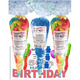 50th Happy Birthday Series Bright Sour Worms And Blue Raspberry Gummi Gummy Bears (NET WT 31 OZ) (Pack of 3) In 1 Box Gourmet Kruise Signature Gift Bags