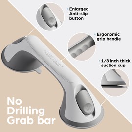 ABLECARE 1 Pack 12 Inch Grab Bars for Bathtubs and Showers for Seniors，Heavy Duty Shower Handle for Elderly,Suction Cup Removable Handrails Handicap Bath Grip Bathroom Safety Grips,(Gray