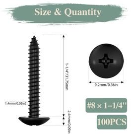 GOHODOMINO #8 x 1-1/4" Wood Screw 100Pcs Truss Head Phillips Stainless Steel 304 (18-8) Fast Self Tapping Screws Black Oxide