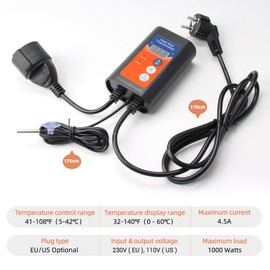 Digital Heat Mat Thermostat 1000W 110V 41-108℉ Temperature Controller with LED Display for Seedlings Hydroponic Germination Reptiles Fermentation