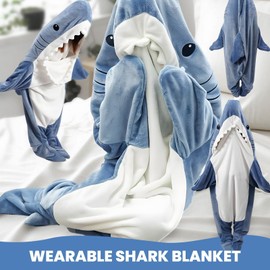 PADTIC Wearable Shark Blanket,Cozy Flannel Shark Onesie Adult Blanket,Shark Blanket Hoodie Onesie,Comfortable Shark Sleeping Bag,Wearable Shark Blanket for Cosplay(L(for 69-75 Inches Height))