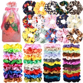 Bebeay Scrunchies Elastic, 64 Piezas Donas para Cabello de 60 Colores, Scrunchies para Cabello, 32 Scrunchies Terciopelo con 32 Scrunchies de Satén para Mujer
