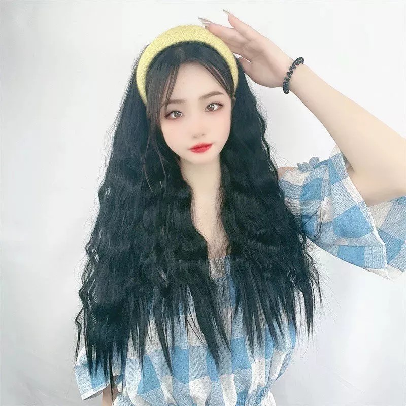 generic Peluca Larga Rizada Con Diadema Amarilla De Punto