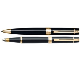Sheaffer 300 Duo Black Lacquer and Gold Appointments Limited Series with Signature white dot of Excellence and wide band Medium Point Fountain Pen and Ballpoint Pen set.
