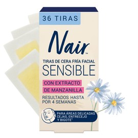 Nair Tiras de Cera Fría Facial Sensible 36 piezas. Marca Probada por Dermatólogos con Extracto de Manzanilla, Piel Suave y Tersa hasta por 4 Semanas