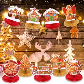 9Pcs Christmas Gingerbread Man Honeycomb Centerpieces Table Decorations Gingerbread House Christmas Table Toppers 3D Double Side Party Decorations for Xmas Winter Home Office House Party Supplies