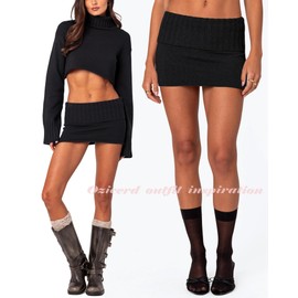 OZICERD Knit Bodycon Mini Skirts for Women High Waisted Fold Over Low Rise Y2k Cute Short Skirt Wrap Pencil Skirt Skort Black M