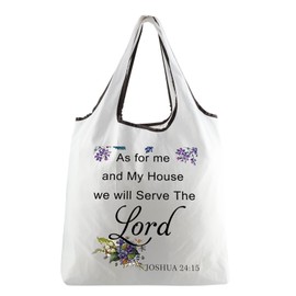 JYTAPP Bible Verse Foldable Shopping Bag We Will Serve The Lord Joshua 24:15 Christian Reusable Grocery Bag Religious Gift (WHITE)