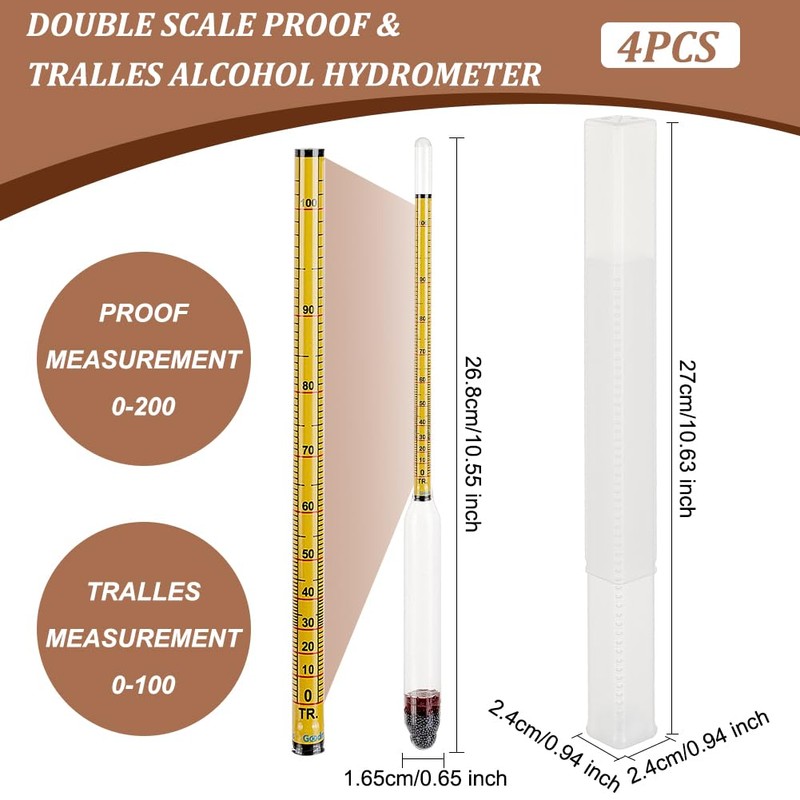 OLYCRAFT 4pcs Glass Hydrometer Alcohol 0-200 Proof and 0-100 Tralle
