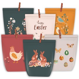 PANSIBY Easter Gift Bags, Easter Bags for Filling, 12 Boho Printed Bags with Wooden Clips, Cartoon Easter Bunny Craft Set