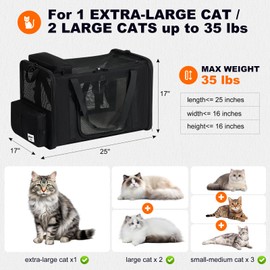 pidipiti 25''(L) x 17''(W) x 17''(H) Extra-Large Expandable cat Carrier for Long Distance car Travel,for 1 Extra-Large cat / 2 Large Cats / 3 Small-Medium Cats up to 35 lbs(Black)