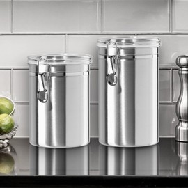OGGI Stainless Steel Kitchen Canister 52 fl oz - Airtight Clamp Lid, Clear See-Thru Top - Ideal for Kitchen Storage, Food Storage, Pantry Storage. Large Size 5" x 6".