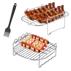 2 Pack Air Fryer Rack, Double Layer Rack Air Fryer Accessories with 4 Barbecue Skewers and Brush, Stainless Steel Grilling Rack Fit for Ninja Dual Air Fryer AF300UK, AF400UK