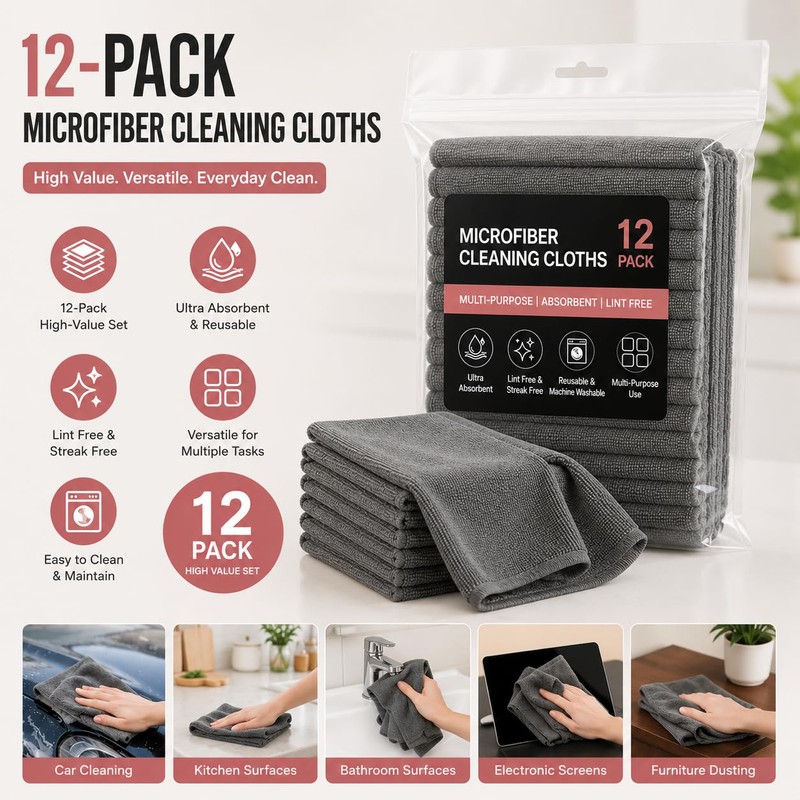 12 Pack Microfiber Cloth Ultra Absorbent Lint Free Streak Free