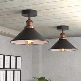 E27 Base Industrial Ceiling Lights with 22cm Black Inner White Cone Lampshade Semi Flush Mount Lighting for Living Room Bedroom Dining Room Kitchen Easy Fit Durable Metal with EPC A+ Bulb 2 Pack