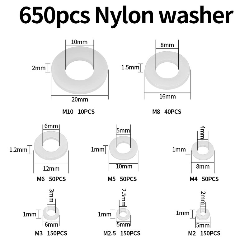 650 Pcs Nylon Washers, White Flat Plastic Spacers Washers, Assorted