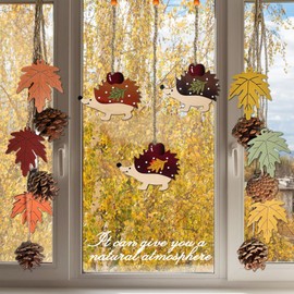 HILKKET Autumn Decoration, Wooden Decorative Hanger, 7 cm Autumn Decor, Maple Leaf, Pine Cones, Mushroom Leaves, Hedgehog, Window Decoration, Hanging for Thanksgiving, Autumn Decoration, Outdoor