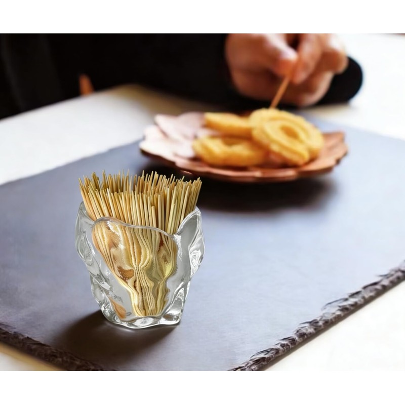 Glass Toothpick Holder with Bamboo Toothpicks – Decorative Crystal Toothpick