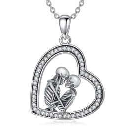 Shusukue Totenkopf Herz Halskette für Damen 925 Sterlingsilber gotische Skelett Herz Halsketten Totenkopf Geburtsstein Halskette Skelette Paar Halsketten Skelett Schmuck Geschenke für Damen