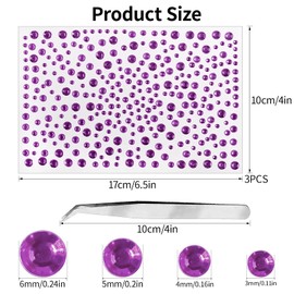 3 Sheets Rhinestone Stickers Light Purple Adhesive Gems 3-6mm Diameter Face Jewels Stickers Bling Hair Diamond Decals Sparkly Crystal Pearls for Body Face Nails Crafts Decoration