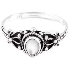 WINDALF Roxia Delicate Lucky Ring 9 mm Mother of Pearl Elves Ring Bohemian Silver Ring 925 Sterling Silver, Fabric, Mother of Pearl