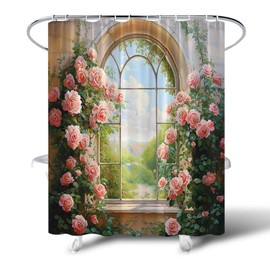 MZYZAF European Garden Shower Curtain Gothic Medieval Castle Vintage Arch Window Blooming Rose Flower Vine Spring Farmhouse Country Nature Landscape Bathroom Decor Fabric Curtain with Hooks70X70Inch