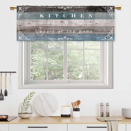 CINEKER Farmhouse Teal Wooden Valances for Kitchen Windows Rustic Quotes Cafe Valance Country Barn Short Treatment Drapes for Bathroom Laundry Basement Living Room Kitchen Over Sink 52x18 Inch