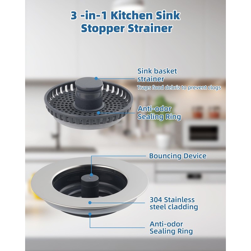 iFealClear Upgraded Kitchen Sink Strainer and Plug Set, 3-in-1 Drain