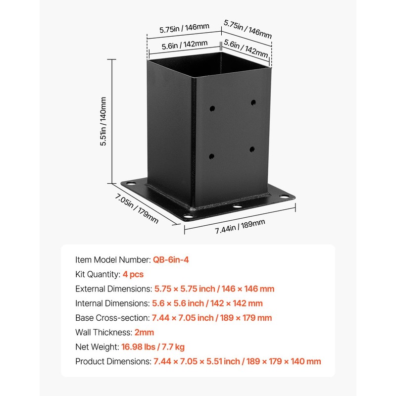 VEVOR 6x6 Post Base 4 Pcs, Inner Size 5.6x5.6 inch