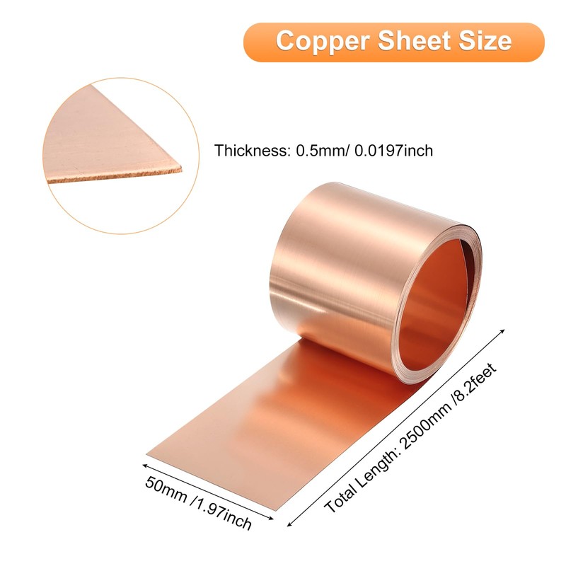 sourcing map Copper Sheet Roll 2500mm x 50mm x 0.5mm,