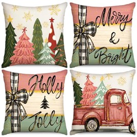 Heirloom Haven 4pcs Christmas Pillow Cover Decoration,18x18in Xmas Trees Colorful Pillow Case Holly Truck Throw Pillow Cover Cushion Case for Winter Holiday Seasonal Farmhouse Couch Sofa Home Decor