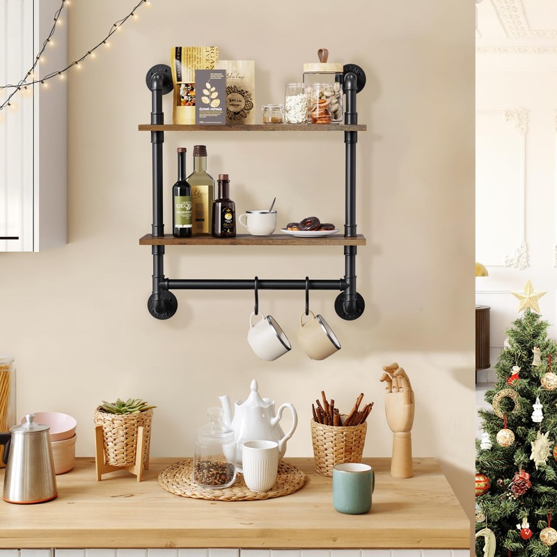 Merapi 24" Industrial Floating Shelves with Tower Bar, Pipe Shelves