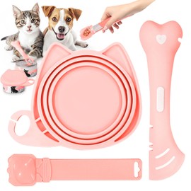 BAEJMJK Silicone Cat &Dog Food Can Cover Lid and Spoon With One Cat Strip Feeder 3Pcs Pet Cat Supplies Set Cute Shape Cats Wet Food Spoon(Opener/Spatula) Universal Can Cover（Pink）