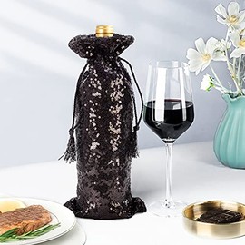Poise3EHome 4 Pcs Black Sequin Wine Gift Bag with Tassel Drawstring, 14" x 5.5" Reusable Glitter Wine Bottle Bags for Wedding, Christmas, Birthday, Dinner Party.