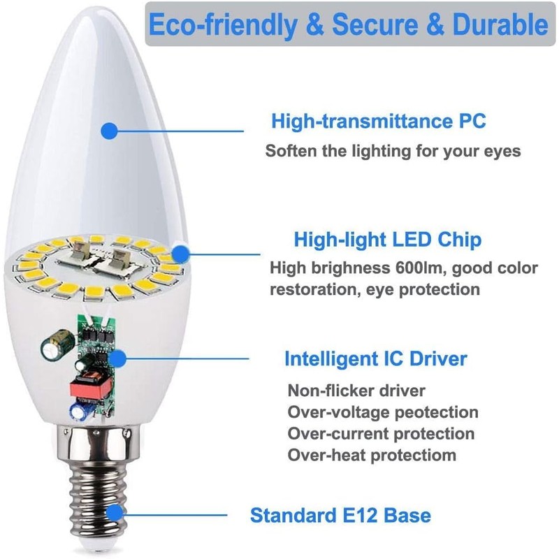 Vinaco E12 LED Bulb, 6 Pack E12 Candelabra Bulb 4