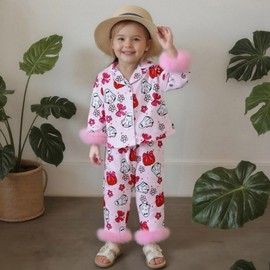 Edhomenn Baby Girl Christmas Pajamas Long Sleeve Lapel Ruffle Hem Buttons Red Tops Pants Suit Christmas 2pcs Outfits Nightwear (55 Pink, 12-18 Months)
