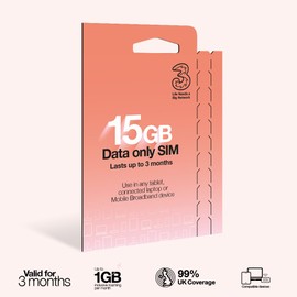 Three PAYG Mobile Broadband SIM, Pre-loaded with 15GB of Data that Lasts up to 3 Months