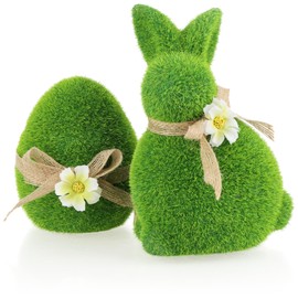 com-four® 2x decorative figure - Easter bunny and Easter egg made of ceramic with bows and flowers - bunny and egg covered with artificial grass (2-piece rabbit+egg 17+11cm)