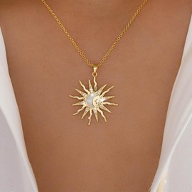 TseenYi Sun Moon Pendant Necklace Gold Large Sun Choker Necklace CZ Big Sunburst Pendant Necklaces Minimalist Moon Collar Chain Statement Jewellery, Zinc, No Gemstone