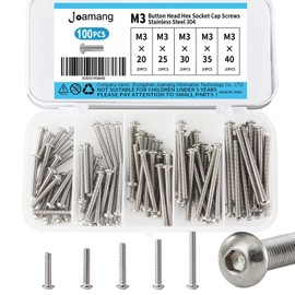 Joamang M3 x 20mm 25mm 30mm 35mm 40mm Button Head Socket Cap Screws Bolts, Stainless Steel 304, Metric Allen Hex Drive, Bright Finish, Fully Threaded, Assortment Kit 100PCS