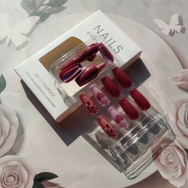 Coffin Press on Nails Valentines Fake Nails with Designs Glossy Nude Glue on Nails Medium Length Heart Nails Press on Acrylic Nails Flower False Nails Gold Glitter Rhinestone Stick on Nails for Women