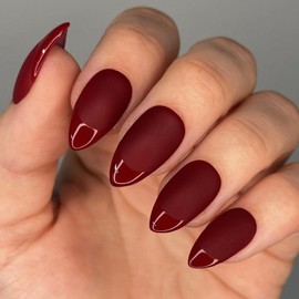 KQueenest Maroon Red French Tip Press on Nails Short Almond in a Matte Finish, Dark Fake Nails Press ons Short Stiletto, Soft Gel Burgndy Glue on Nails for Women Fall Winter, 32 Pcs 16 Sizes