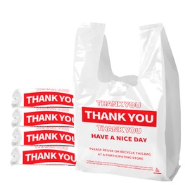 TGEONIX White Thank You Plastic Bags, 100 Pack Reusable & Disposable Grocery Shopping Bags with Handles-11.5"x6.5"x21" T-Shirt Bag, Eco-Friendly for Small Business & Supermarket Use