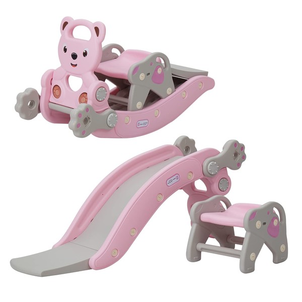 Kinbor Baby 4 in 1 Rocking Horse Slide Set Toddler Climbing and Animal Rocker with Basketball Hoop and Ferrule Indoor and Outdoor for Boys and Girls Pink