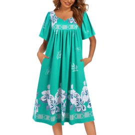 Ekouaer Women's House Dress Pleated Nightgown Short Sleeve Mumu Dress Lounge Dress With Pockets Green Flower