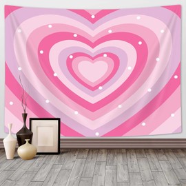 Cute Pink Aesthetic Tapestry for Girl Bedroom, Pink Heart Tapestry Wall Hanging 2000s Hippie Wall Tapestries Decor for Home College Dorm Living Room, Woman Teen Girls Room Art Tapestries 90X70 Inch